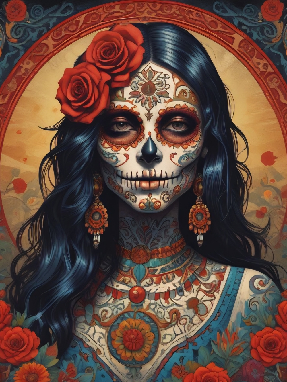 Day of the Dead Sugar Skull Art Print - Blue and Red